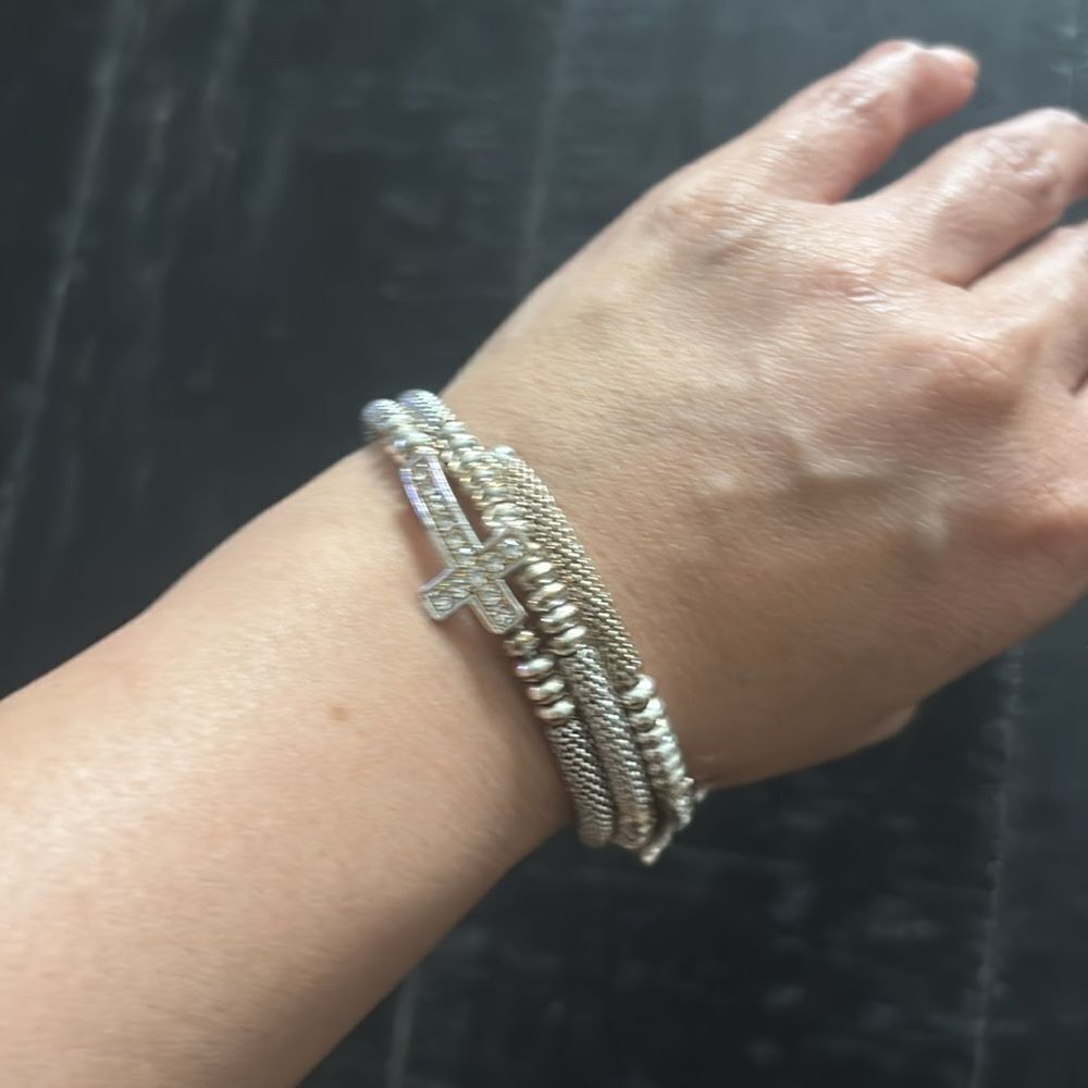 Rhinestone Cross Beaded Silver Tone Wrap Bracelet